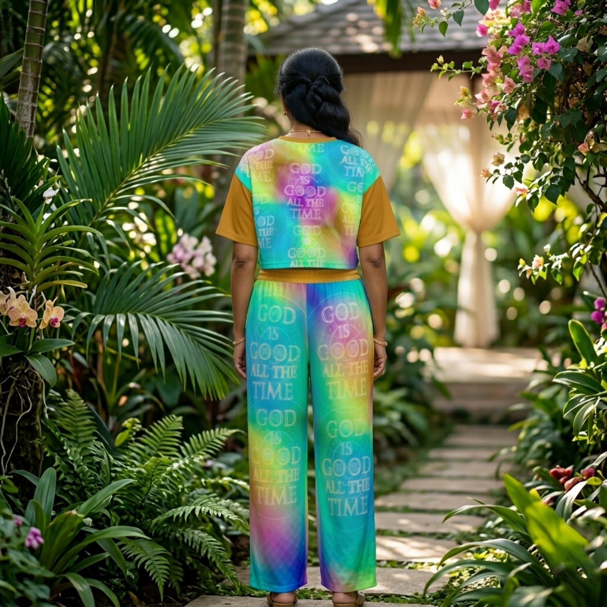 Back view of a woman in a lush garden wearing a vibrant tie-dye two-piece set featuring the repeated text "God is Good All the Time.