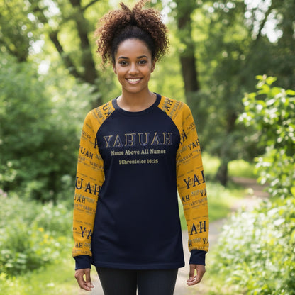 Yahuah-Name Above All Names 02-01 Ladies Designer Long Sleeve Raglan T-shirt