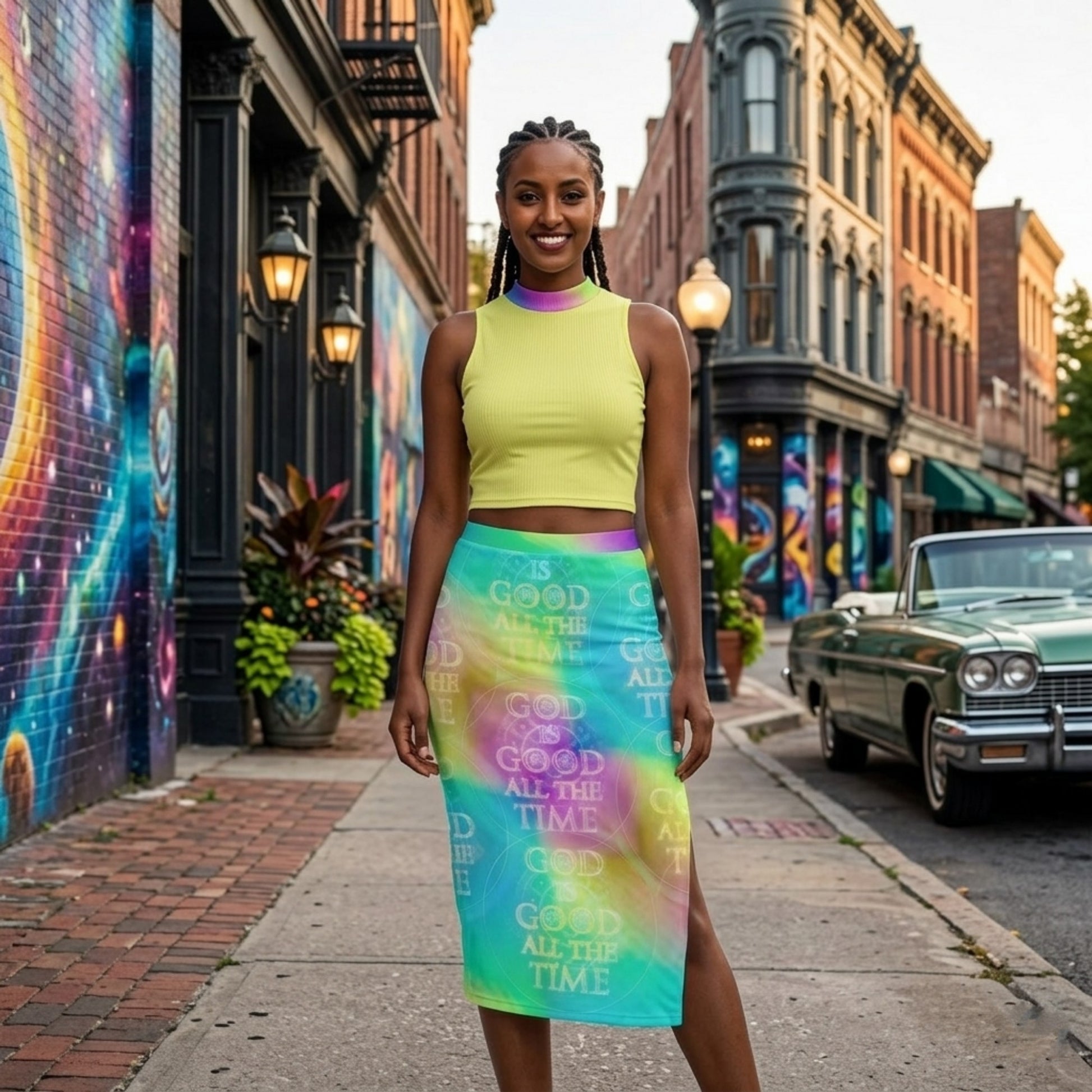 Back view of a woman in a neon yellow crop top and a tie-dye midi skirt featuring the text "God is Good All the Time" on a colorful city street.
