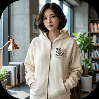 "Mind Your Own Business" (01-02) | Unisex Heavyweight Fleece Raglan Zip Hoodie | 2 colors