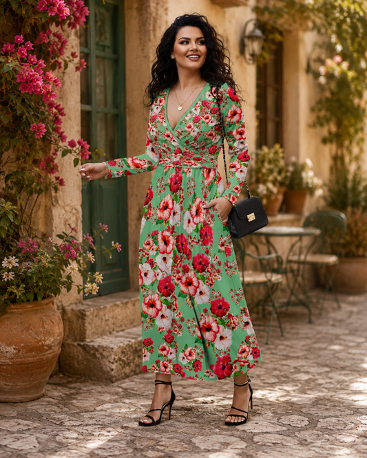 TRP Floral Print 03: Hibiscus Flowers 01-02 Tropical Bloom Long Sleeve Maxi Dress
