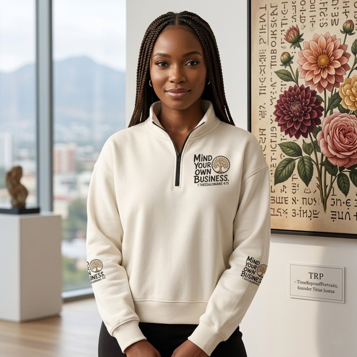 "Mind Your Own Business" (01-02) | Unisex Heavyweight Fleece Drop Shoulder Half Zip Sweatshirt