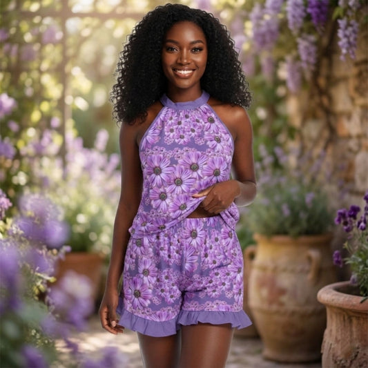TRP Floral Print 07: African Daisies 01 Designer Tie Neck Halter Top & Ruffle Hem Shorts