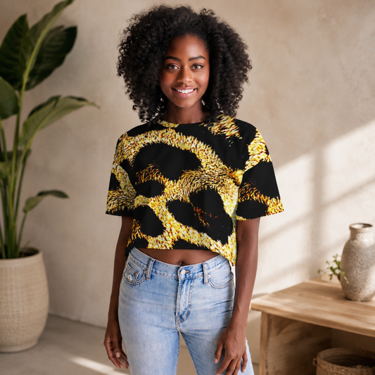 Primal Elegance: Golden Leopard Abstract Drop Shoulder Raw Hem Crop Top