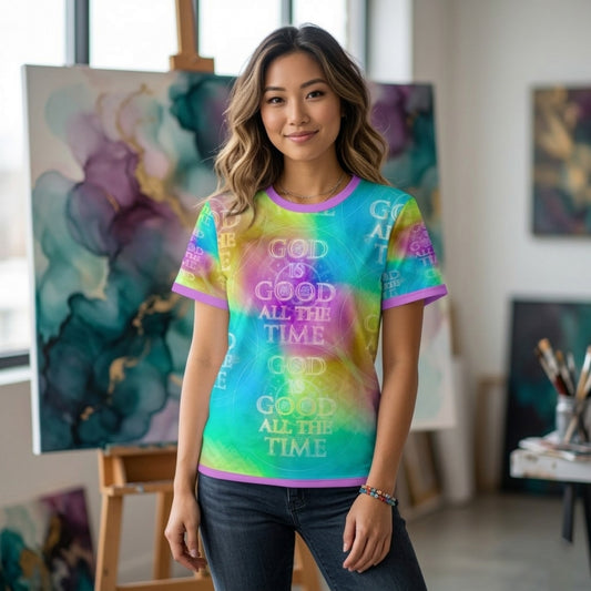 Front view of a smiling woman in an art studio wearing a colorful "God is Good All the Time" tie-dye t-shirt.