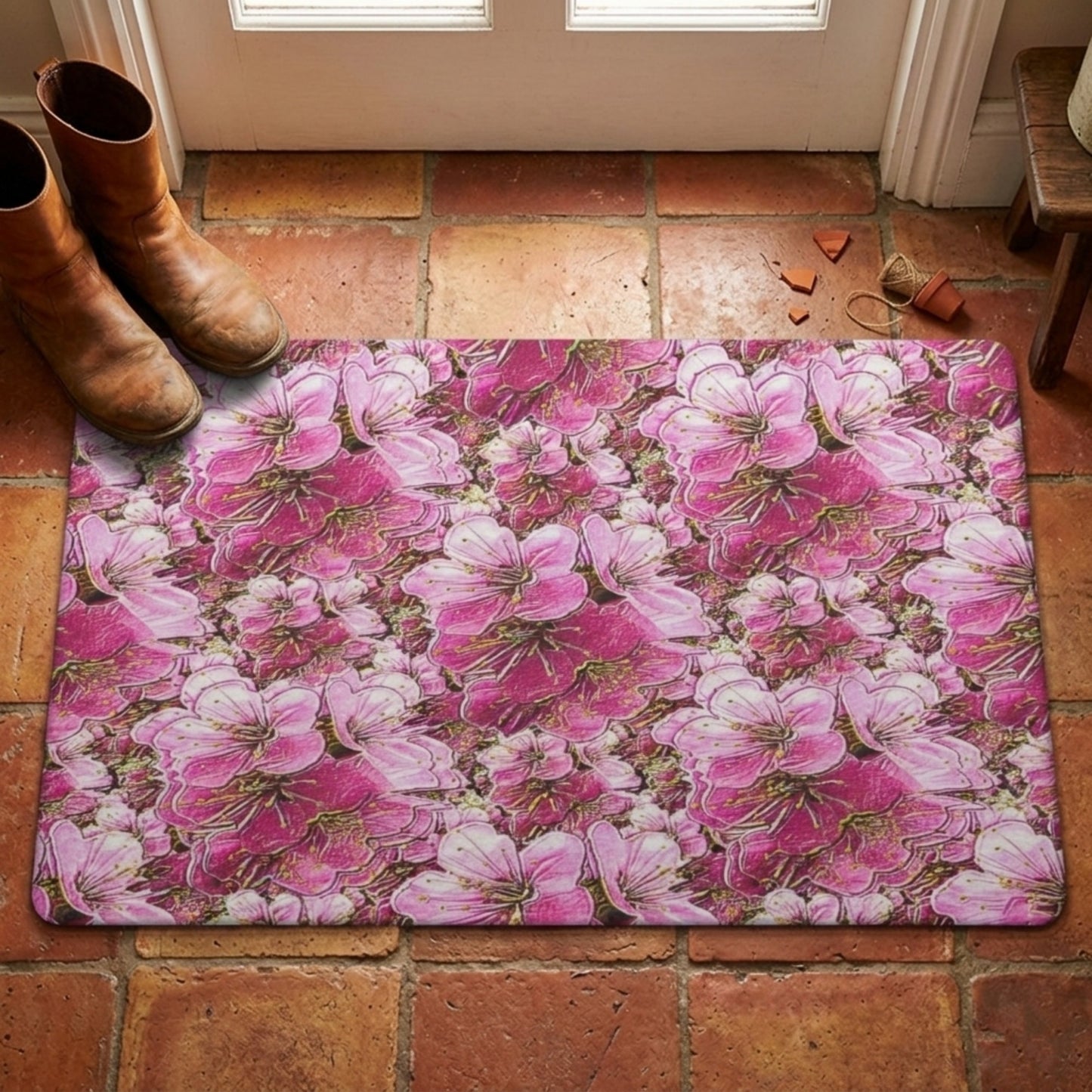 A pink floral doormat with a cherry blossom pattern sits on a terracotta tile floor next to a pair of brown leather boots.