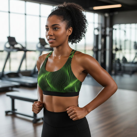 Front view of a smiling woman in a gym wearing a green and black wavy-patterned sports bra, standing in a running pose with treadmills in the background.