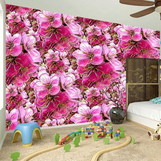 A vibrant pink floral mural covers a bedroom wall behind a toy train set and bed, featuring dense, stylized blossoms in a bold, artistic pattern.