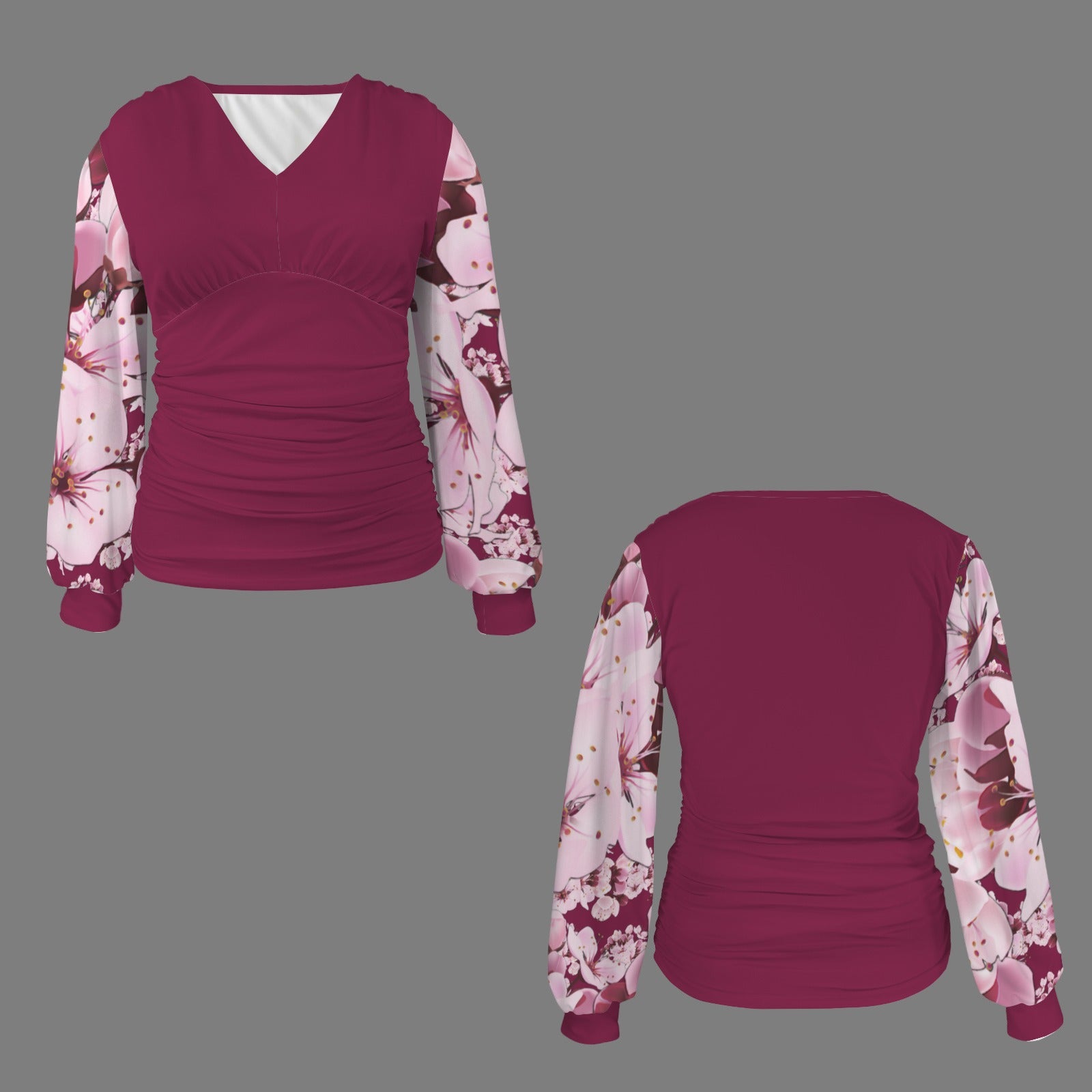 Front and back product display of the plum ruched V-neck blouse with pink floral sakura print contrast bishop sleeves on a gray background.
