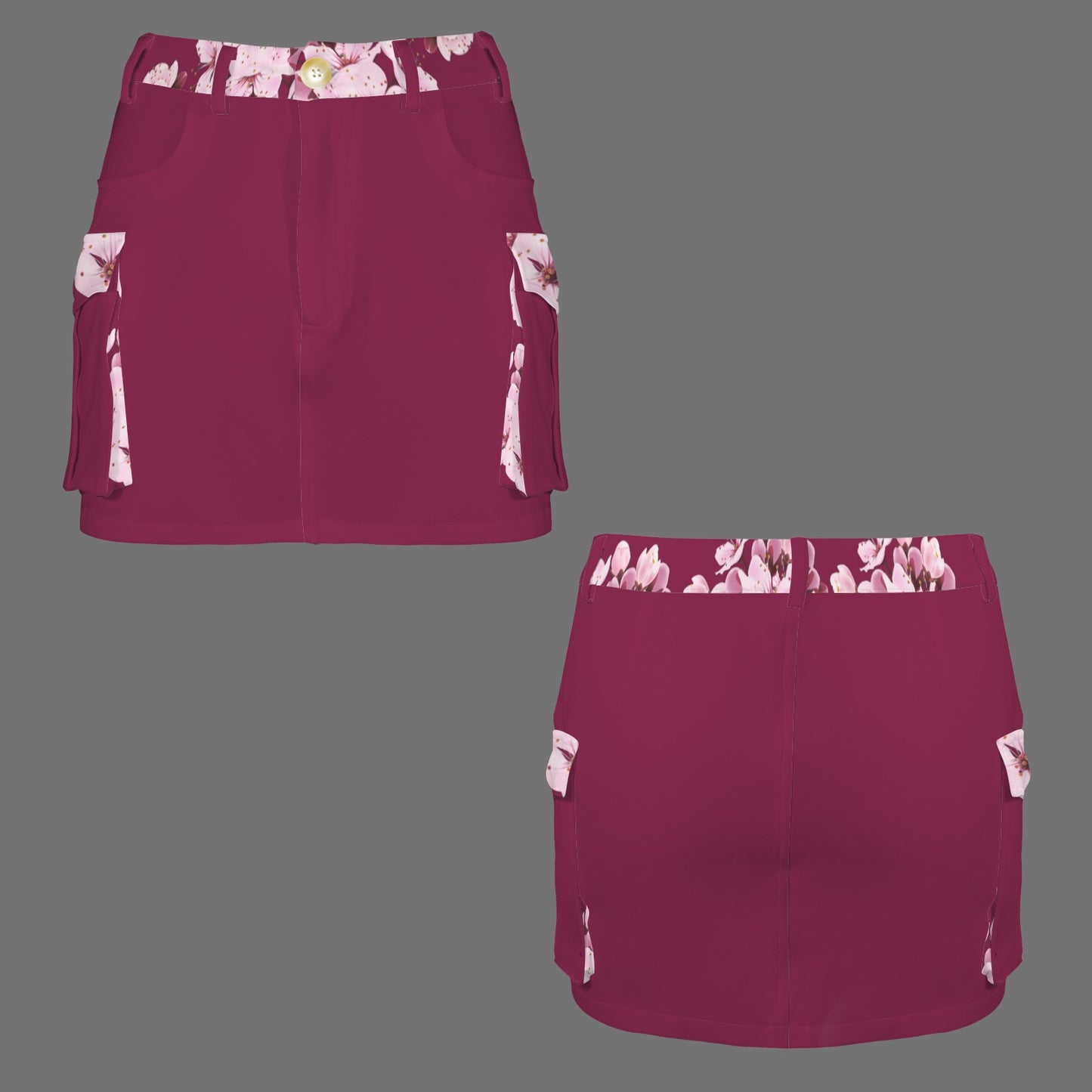 Studio flat lay showcasing the front and back views of the Sakura Symphony magenta low-rise cargo mini skirt featuring floral print accents.