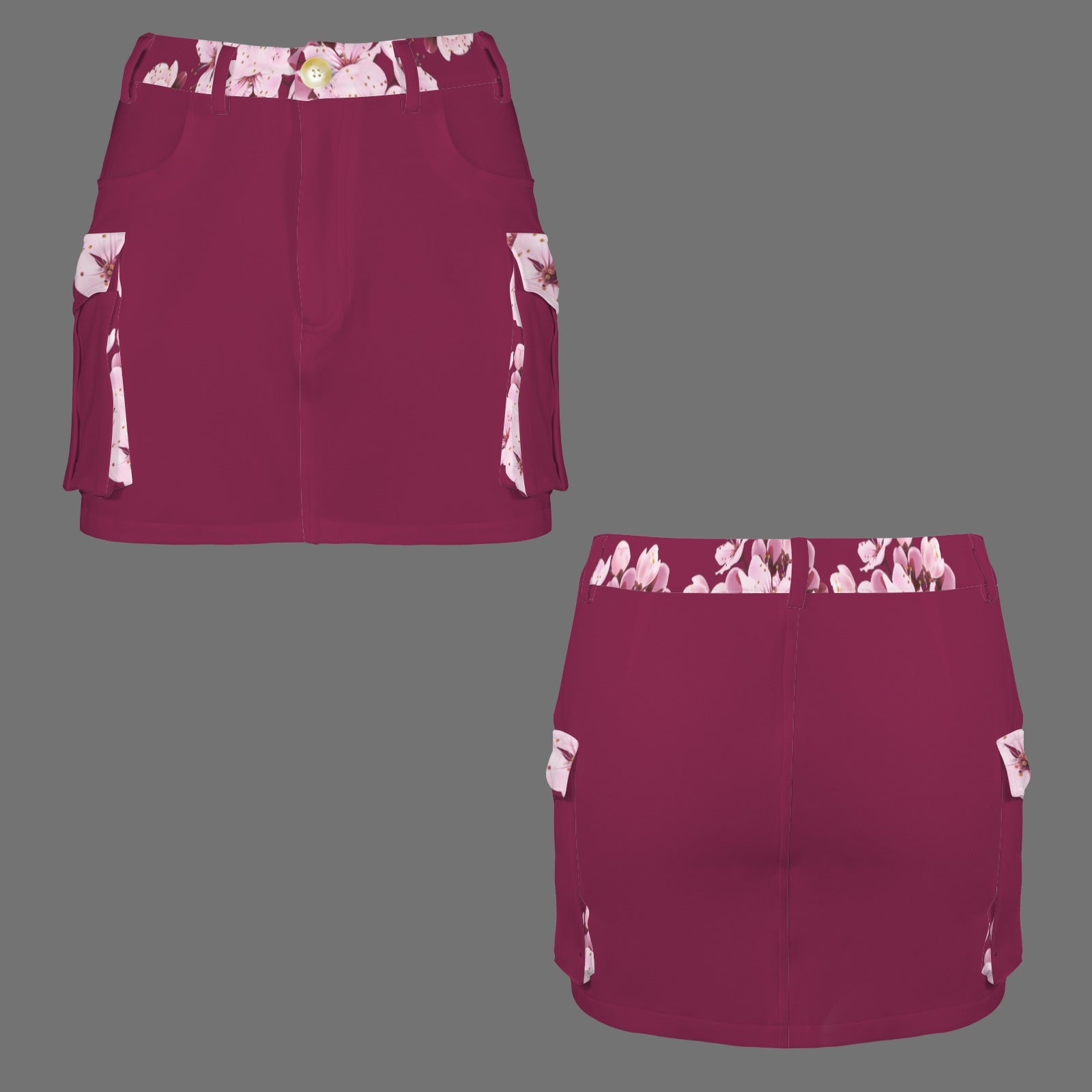 Studio flat lay showcasing the front and back views of the Sakura Symphony magenta low-rise cargo mini skirt featuring floral print accents.