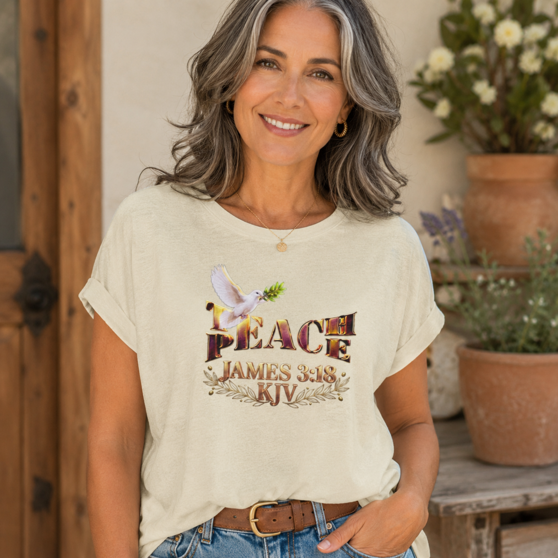 A mature woman modeling the white sand Teach Peace wide-neck slub cotton long t-shirt tucked into blue jeans in an outdoor setting.