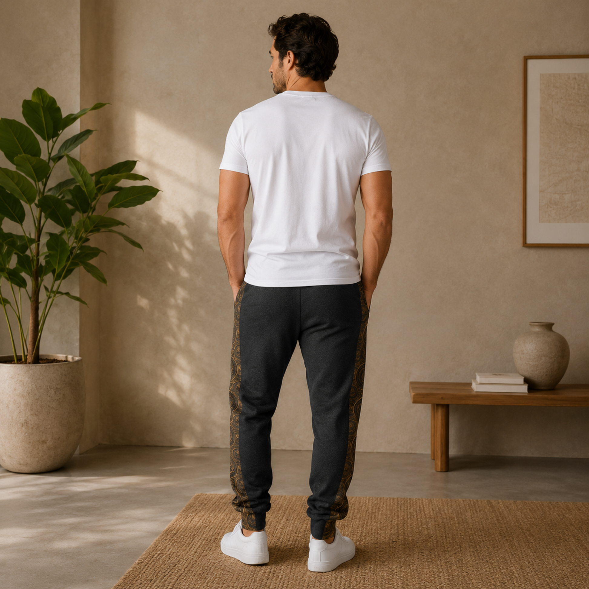 Back view of a model in dark charcoal joggers showing the clean fit and the antiqued bronze patterned side panels running down the outer legs.