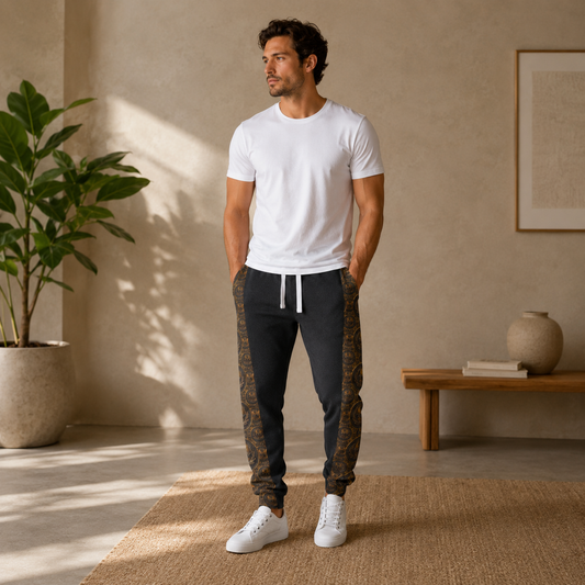 Front lifestyle view of a model wearing dark grey cotton-blend joggers with antiqued bronze patterned side panels and a white t-shirt.