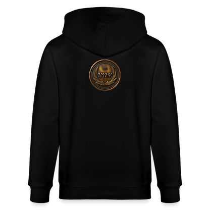 Back view of a black organic zip hoodie featuring a large circular antiqued bronze medallion emblem centered on the upper back.