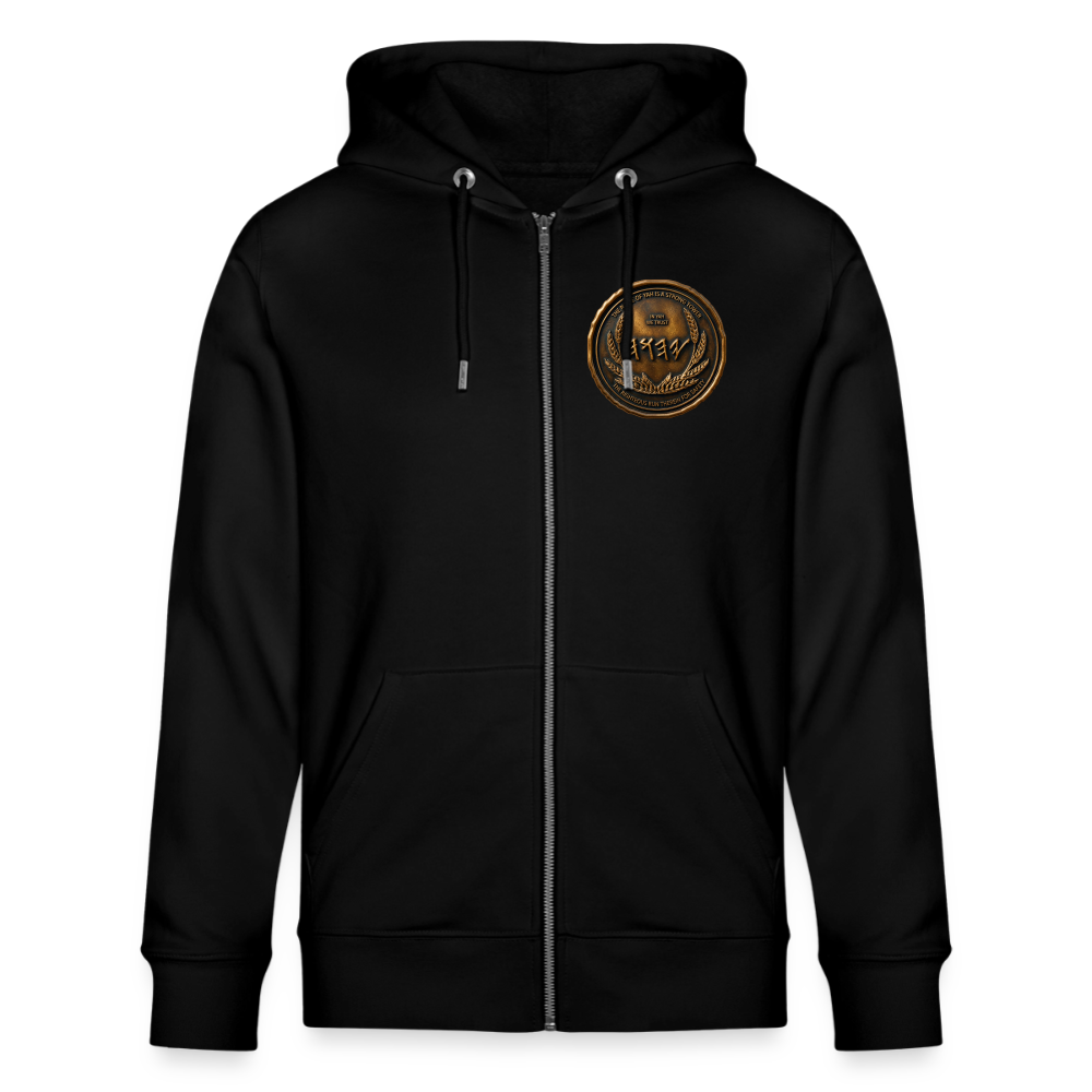 Front view of a black organic zip hoodie featuring a circular antiqued bronze Paleo-Hebrew medallion emblem printed on the left chest.