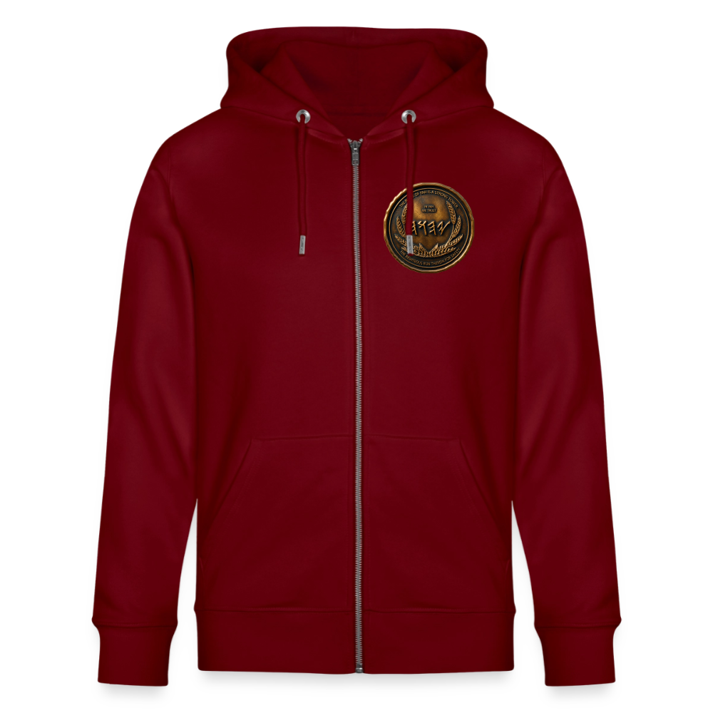 Front view of a burgundy organic zip hoodie featuring a circular antiqued bronze Paleo-Hebrew medallion emblem on the left chest.