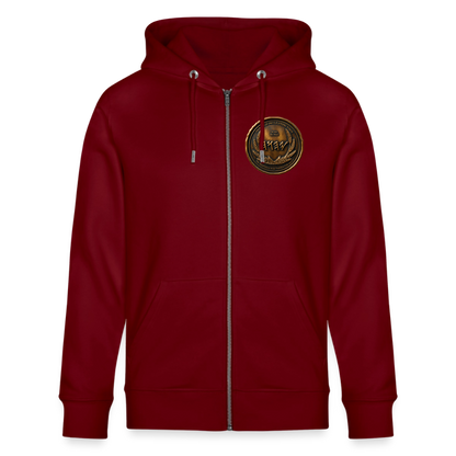 Front view of a burgundy organic zip hoodie featuring a circular antiqued bronze Paleo-Hebrew medallion emblem on the left chest.