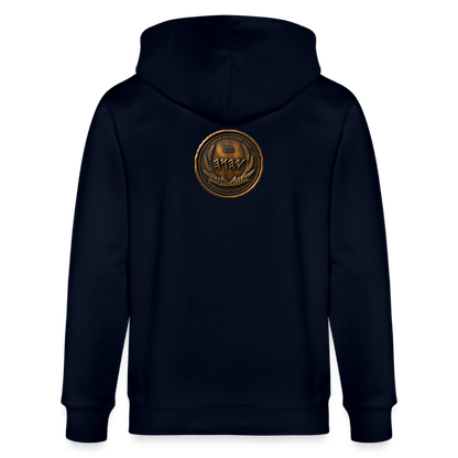 Back view of a navy blue organic zip hoodie featuring a large circular antiqued bronze medallion emblem centered on the upper back.
