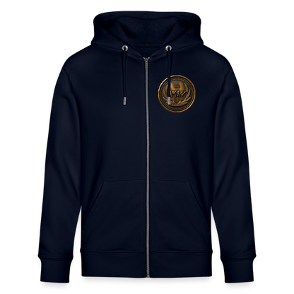 Front view of a navy blue organic zip hoodie featuring a circular antiqued bronze Paleo-Hebrew medallion emblem on the left chest.