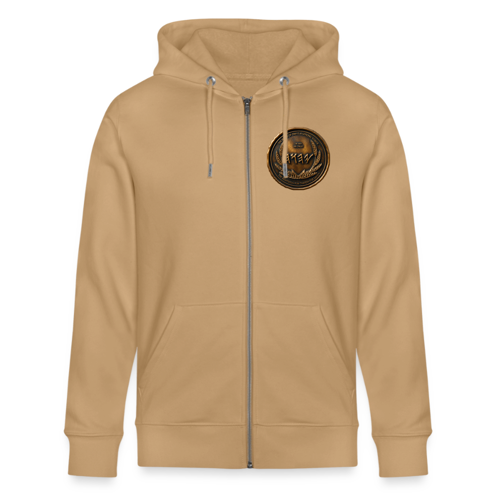 Front view of a tan organic zip hoodie featuring a circular antiqued bronze Paleo-Hebrew medallion emblem printed on the left chest.