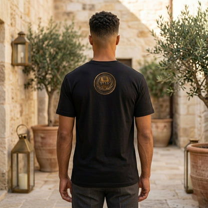 Back view of a black oversized heavyweight t-shirt featuring a detailed, circular antiqued bronze symbolic medallion in an outdoor courtyard.