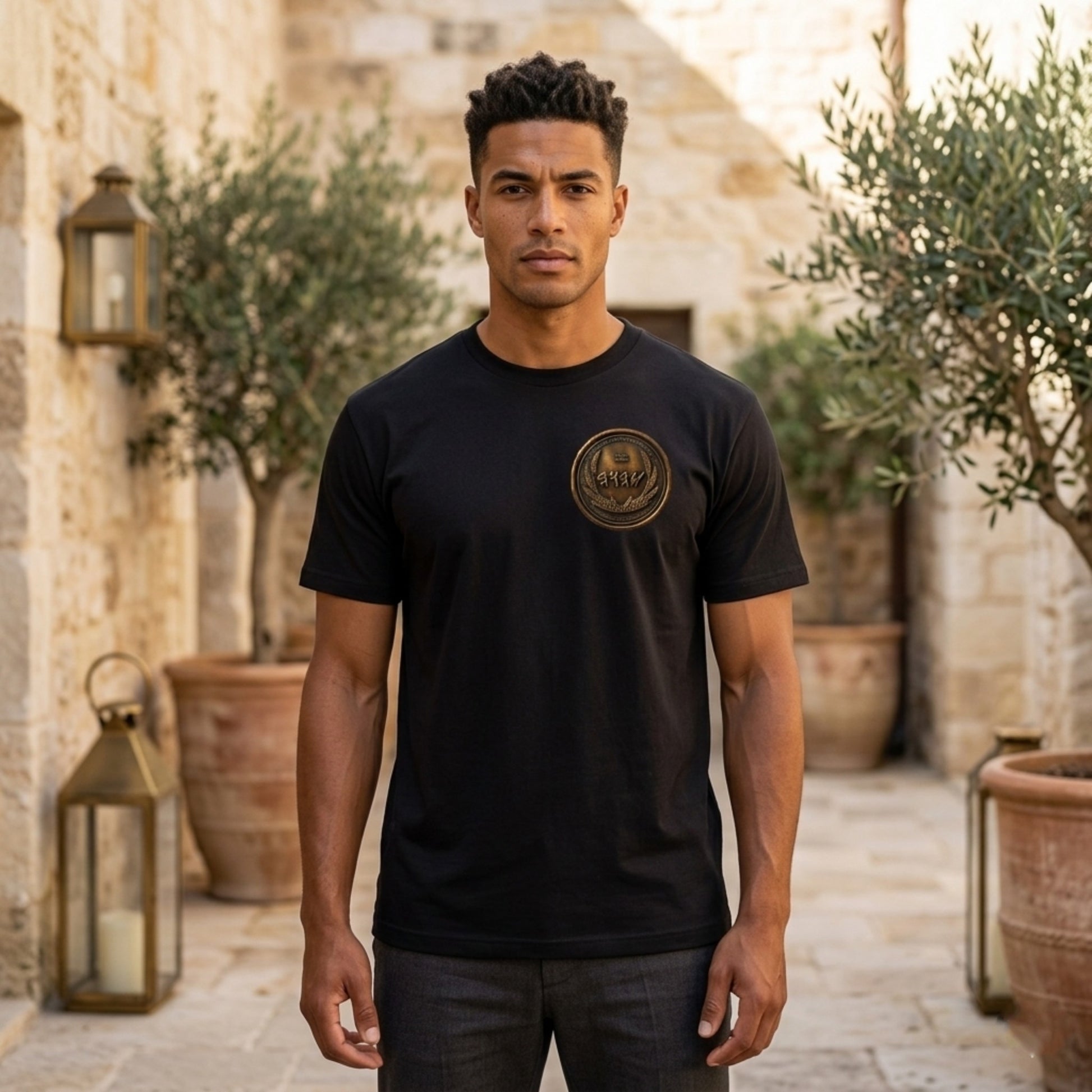 Front view of a man in a black oversized heavyweight t-shirt with a circular antiqued bronze medallion emblem on the chest.