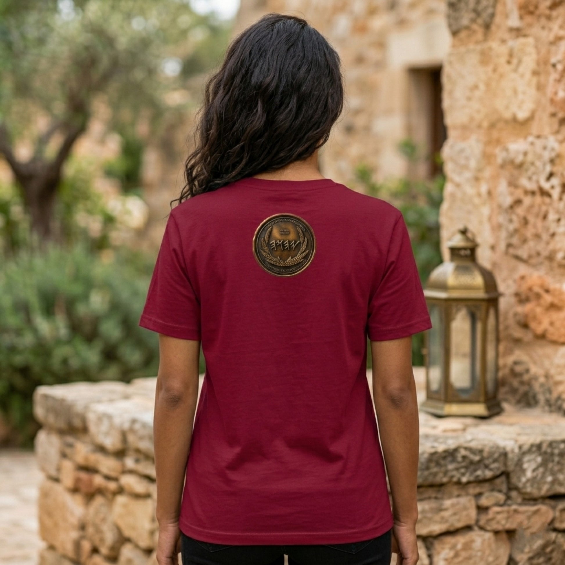 Back view of a burgundy oversized heavyweight t-shirt showing a detailed circular antiqued bronze emblem centered on the upper back.
