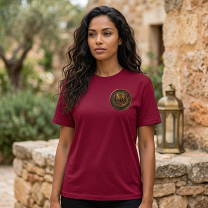 Front view of a woman with long wavy hair wearing a burgundy oversized heavyweight t-shirt with a circular antiqued bronze medallion emblem.
