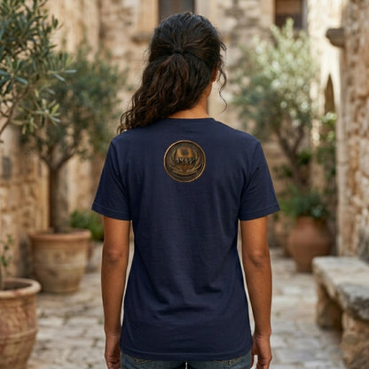 Back view of a navy blue oversized heavyweight t-shirt displaying a circular antiqued bronze medallion