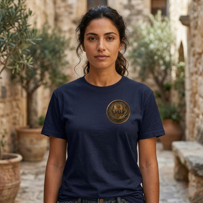 Front view of a woman wearing a navy blue oversized heavyweight t-shirt with a detailed, circular antiqued bronze symbolic medallion.