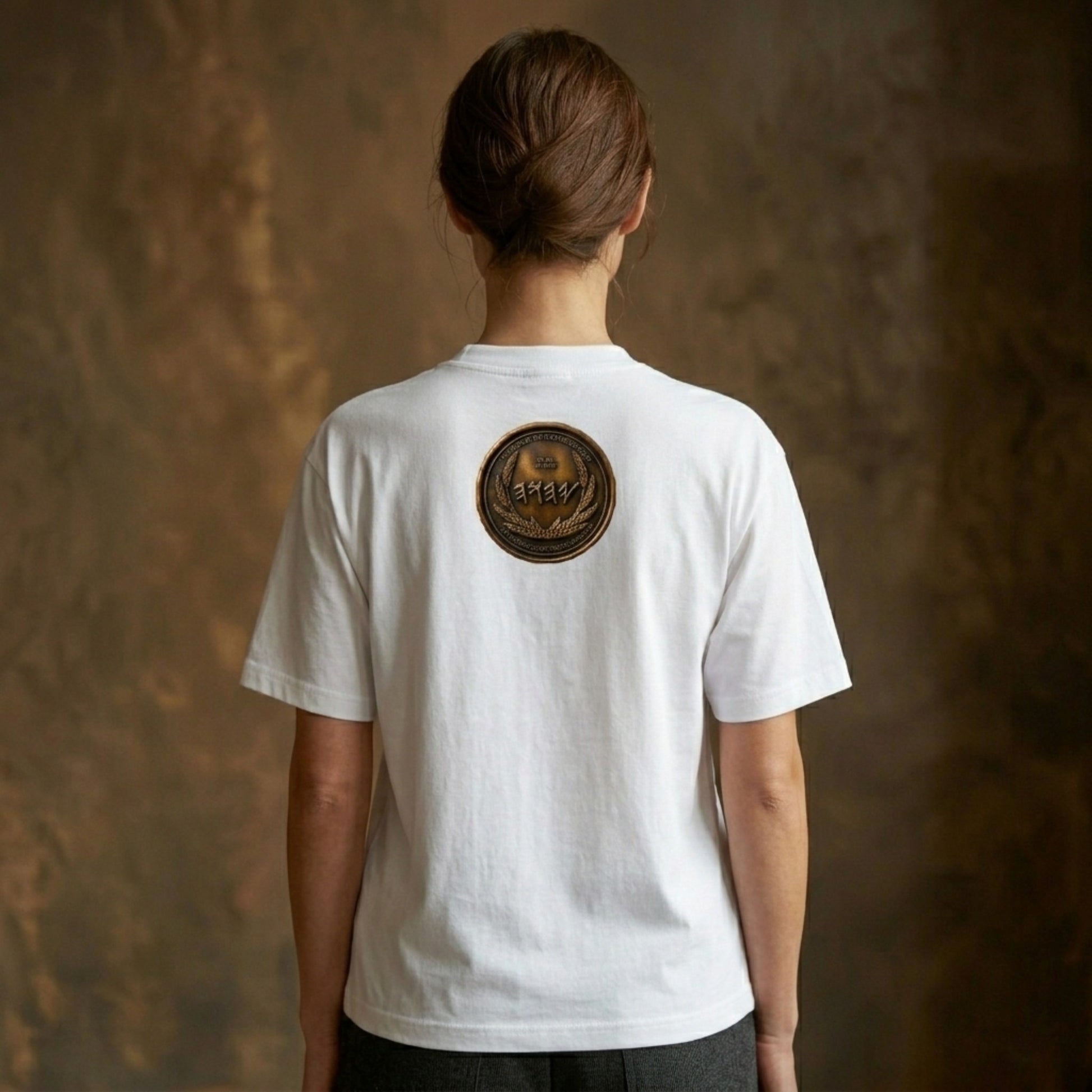 Back view of a crisp white oversized heavyweight t-shirt featuring a prominent circular antiqued bronze medallion print against a textured studio backdrop.