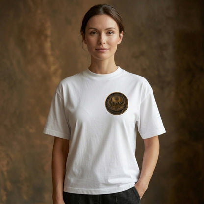 Front view of a woman wearing a white oversized heavyweight t-shirt featuring a contrasting circular antiqued bronze medallion design.