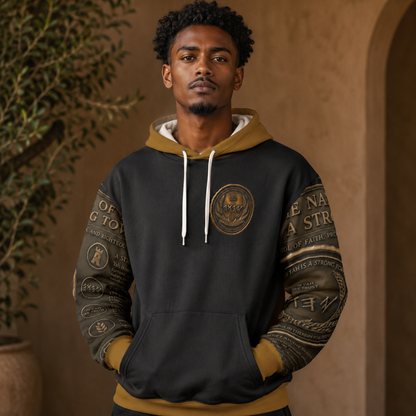 Front close-up of a men's black hoodie featuring antiqued bronze medallion graphics on the sleeves, a gold lining, and a chest seal emblem.
