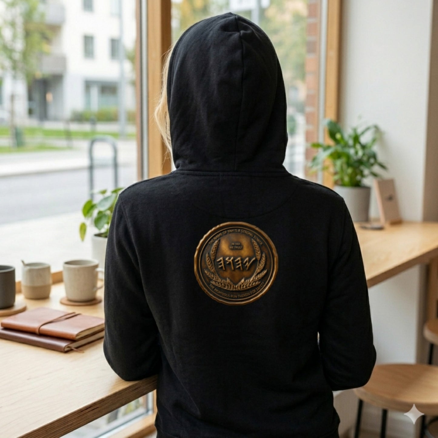 Back view of a blonde woman wearing a black organic zip hoodie with a detailed circular antiqued bronze medallion printed on the center back.