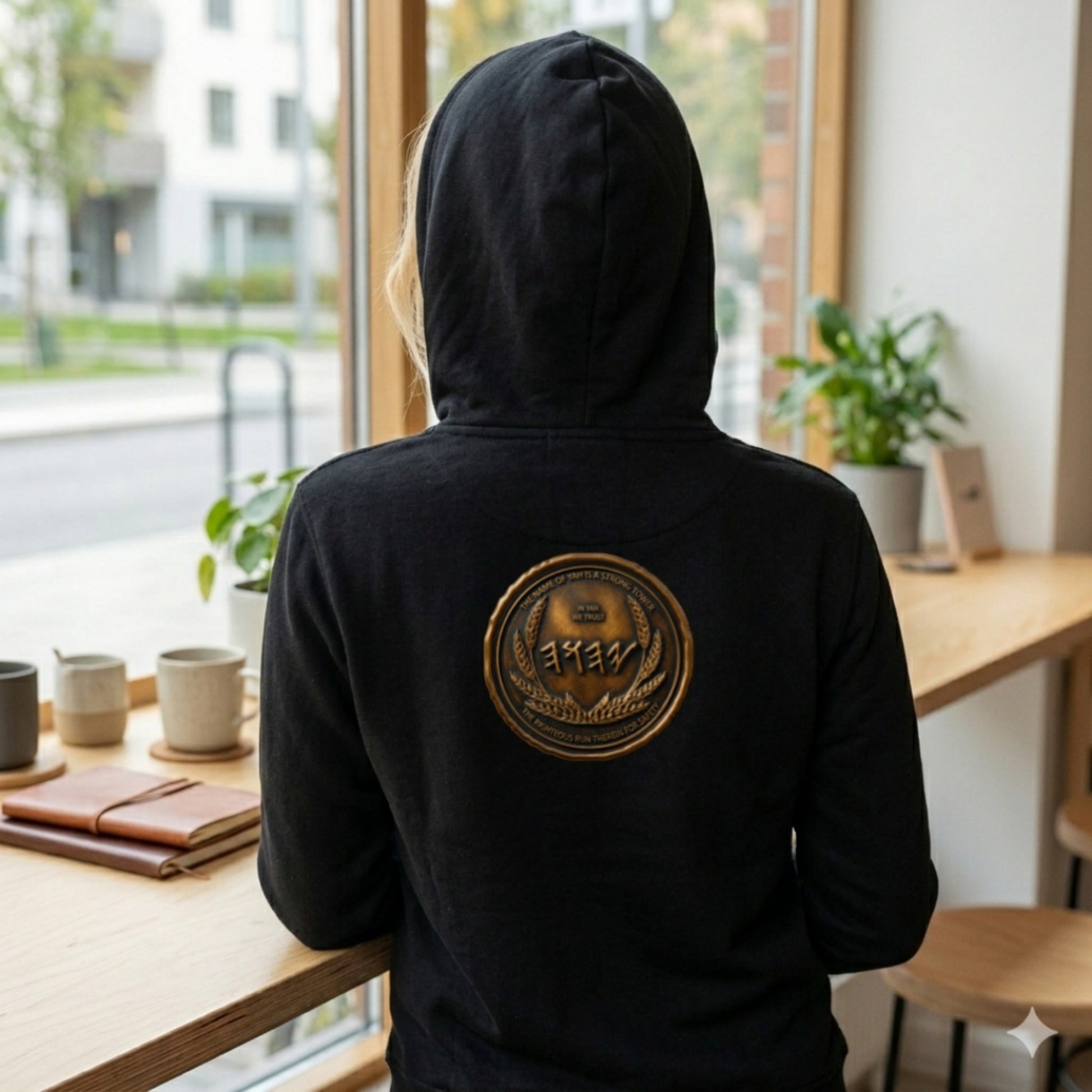 Back view of a blonde woman wearing a black organic zip hoodie with a detailed circular antiqued bronze medallion printed on the center back.