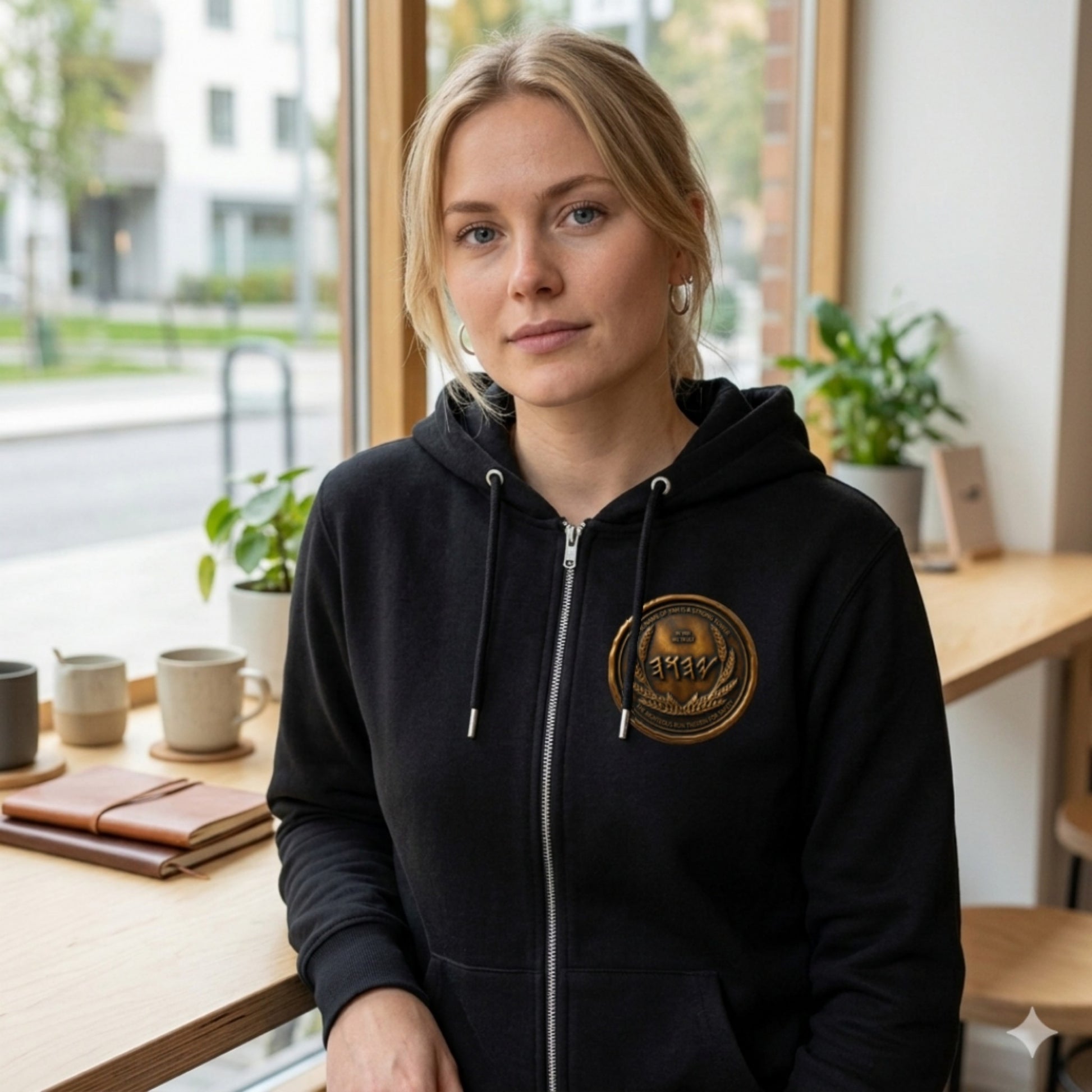 Front view of a blonde woman at a cafe counter wearing a black organic zip hoodie with a circular antiqued bronze chest emblem.
