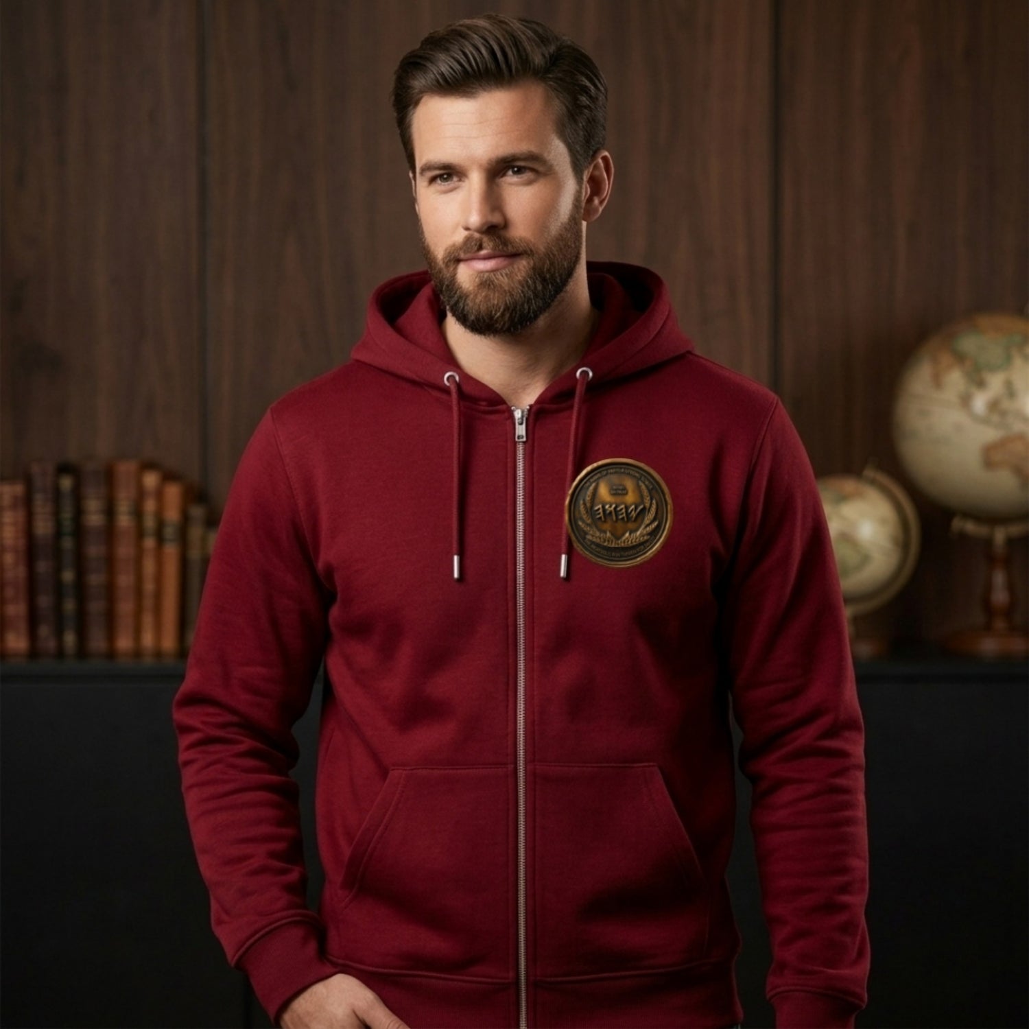 Front view of a bearded man wearing a burgundy organic zip hoodie featuring a circular antiqued bronze medallion chest emblem.