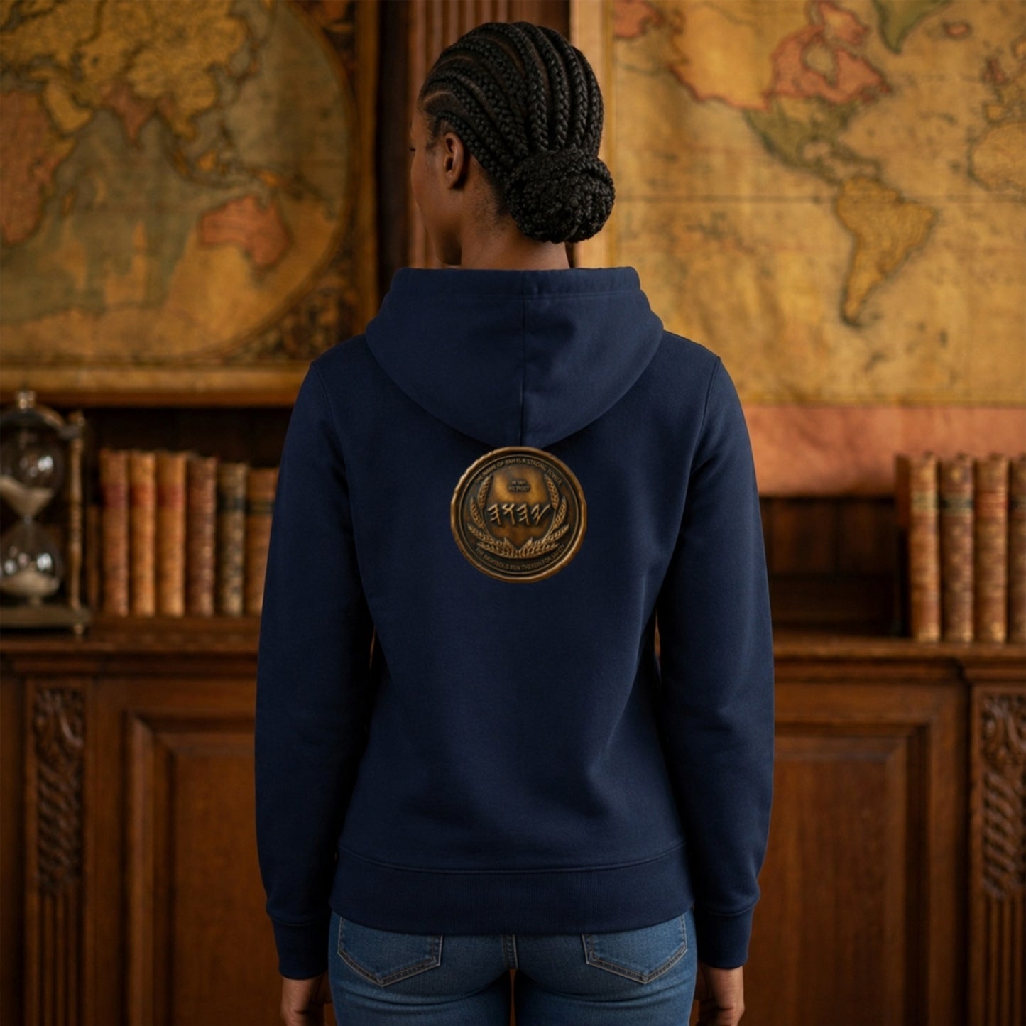 Back view of a navy blue organic zip hoodie displaying the circular antiqued bronze Paleo-Hebrew medallion graphic, set against map decor.