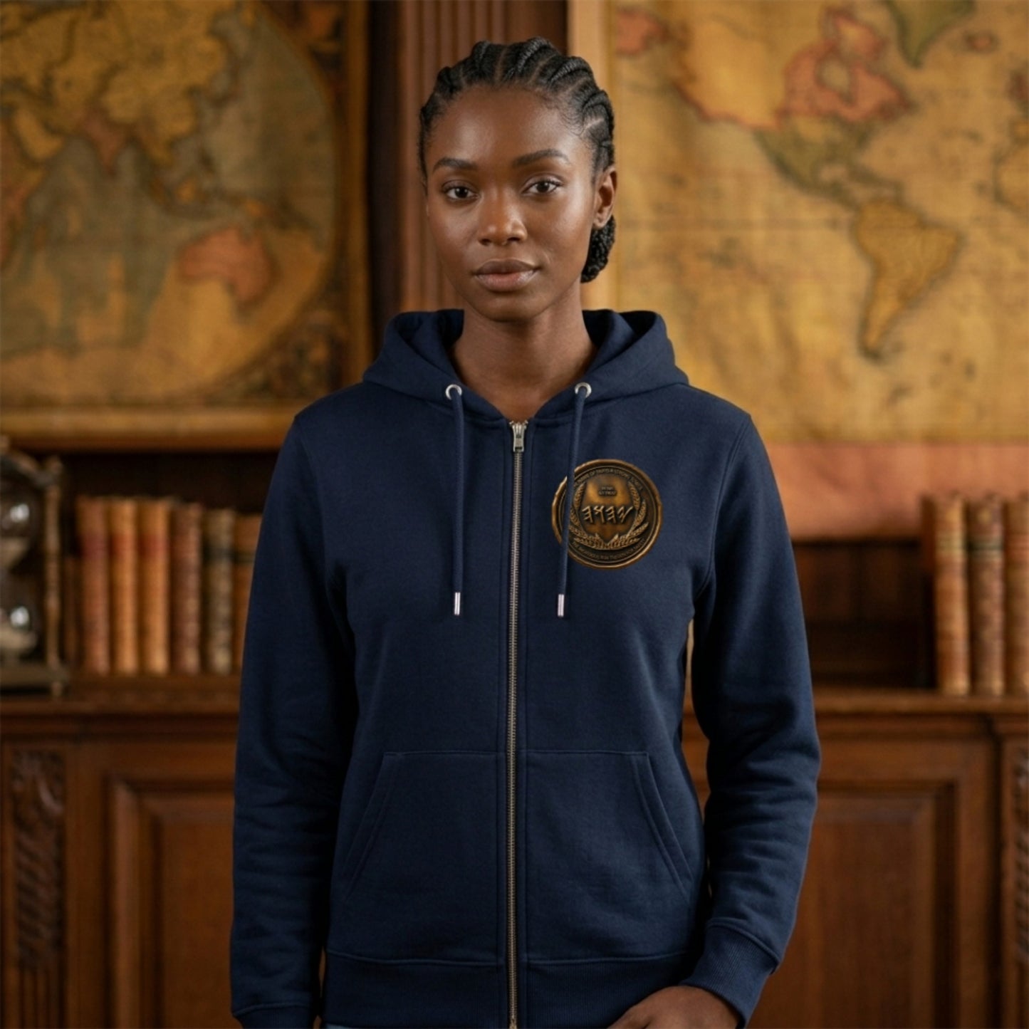 Front view of a woman with braided hair wearing a navy blue organic zip hoodie with an antiqued bronze chest medallion, in front of maps.