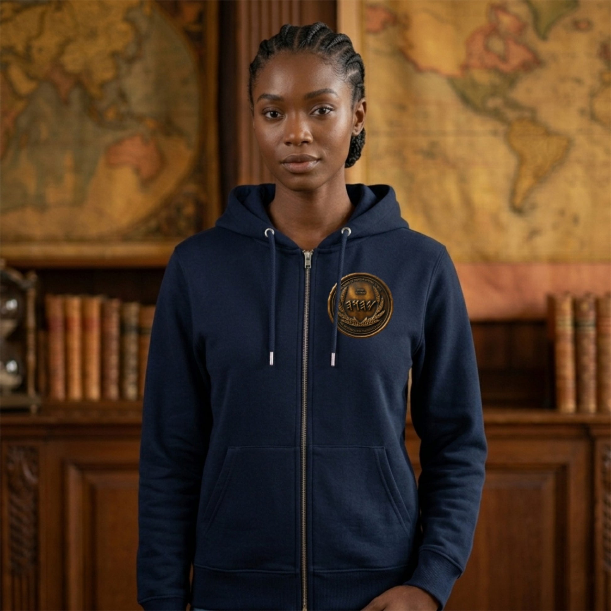 Front view of a woman with braided hair wearing a navy blue organic zip hoodie with an antiqued bronze chest medallion, in front of maps.