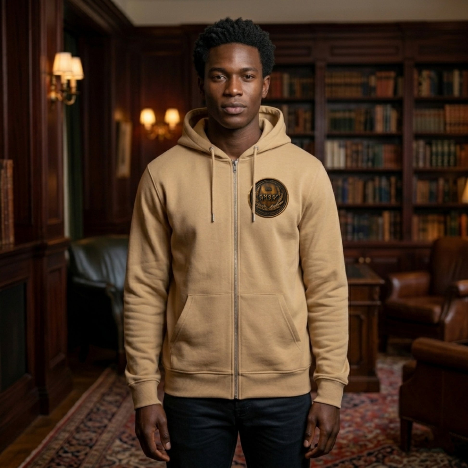 Front view of a man in a classic library setting wearing a tan organic zip hoodie with a circular antiqued bronze medallion patch.