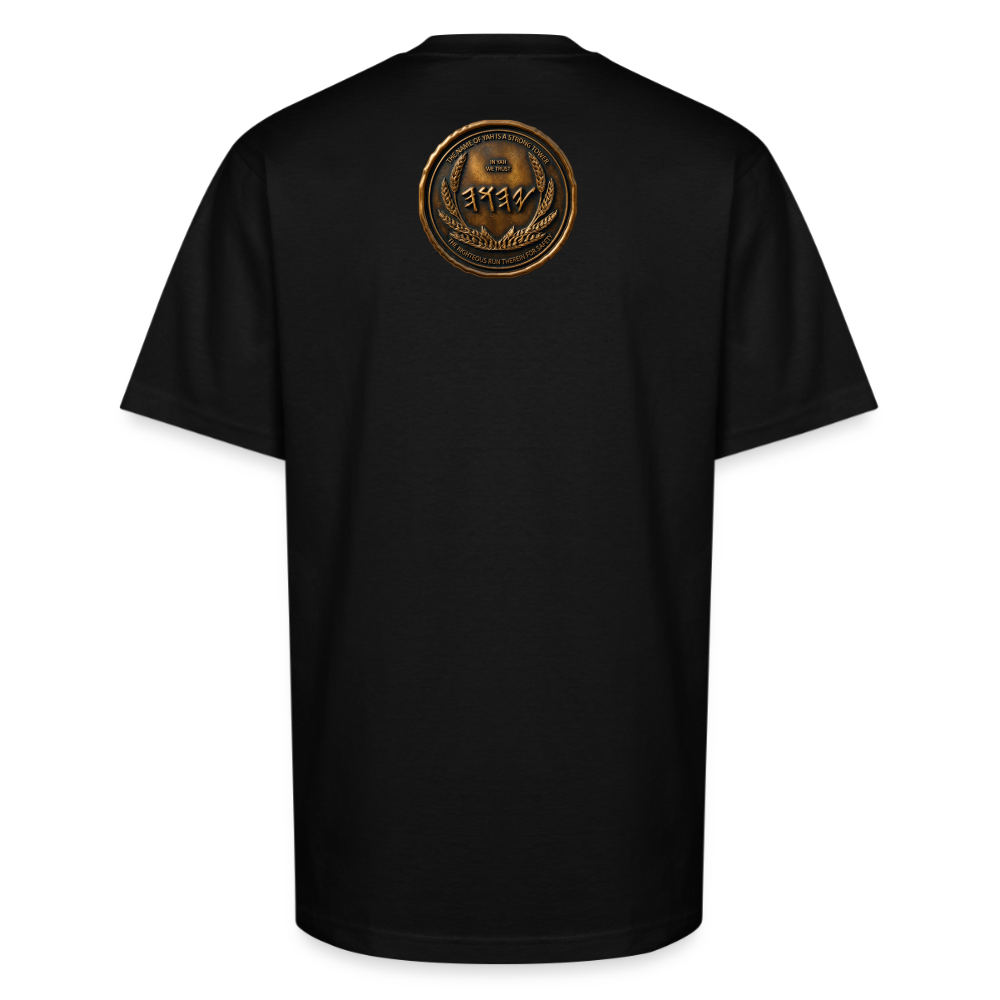 Back view of a black oversized heavyweight t-shirt highlighting a large, detailed circular antiqued bronze medallion emblem centered on the upper back.