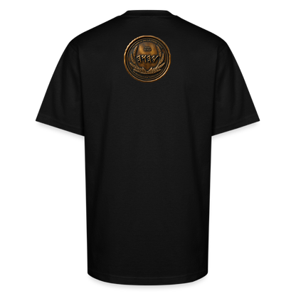 Back view of a black oversized heavyweight t-shirt highlighting a large, detailed circular antiqued bronze medallion emblem centered on the upper back.
