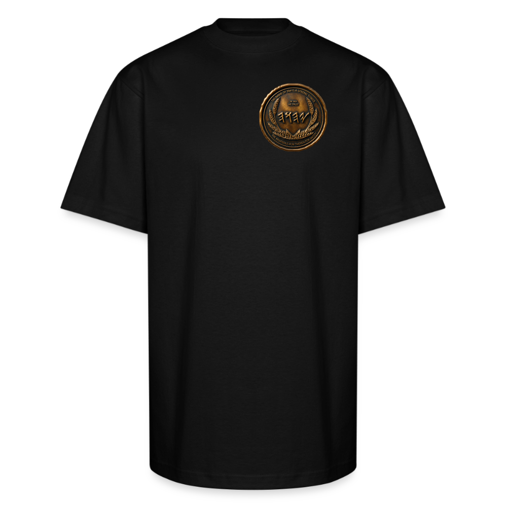Front view of a black oversized heavyweight t-shirt with a circular antiqued bronze Paleo-Hebrew medallion graphic positioned on the left chest.
