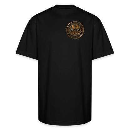 Front view of a black oversized heavyweight t-shirt with a circular antiqued bronze Paleo-Hebrew medallion graphic positioned on the left chest.