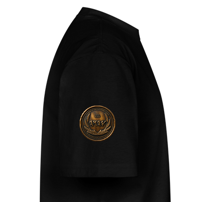 Side profile showing the left sleeve of a black oversized heavyweight t-shirt detailed with a circular antiqued bronze symbolic emblem patch.