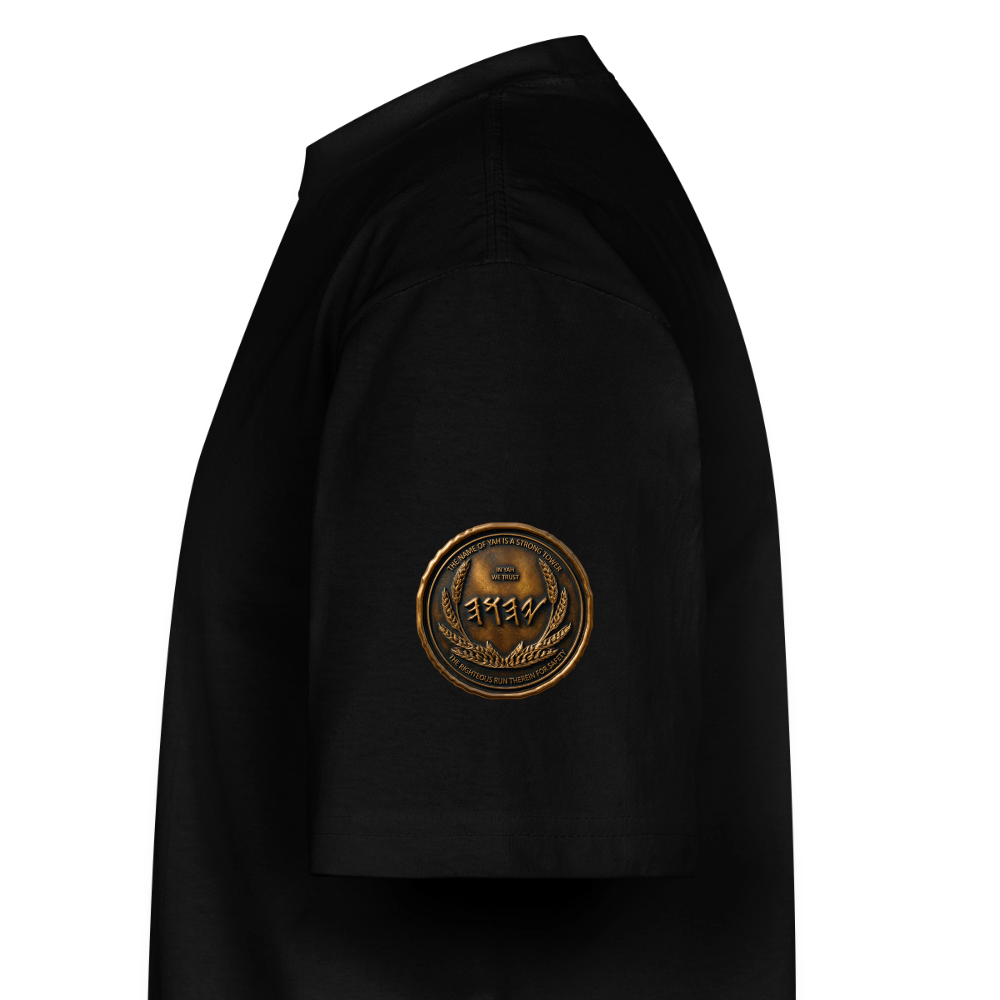 Side profile view of a black oversized heavyweight t-shirt featuring a circular antiqued bronze Paleo-Hebrew medallion printed on the right sleeve.