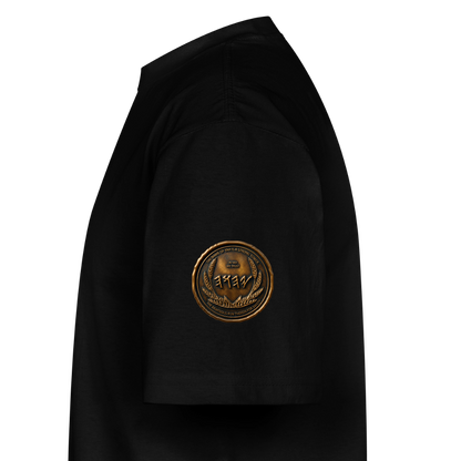 Side profile view of a black oversized heavyweight t-shirt featuring a circular antiqued bronze Paleo-Hebrew medallion printed on the right sleeve.