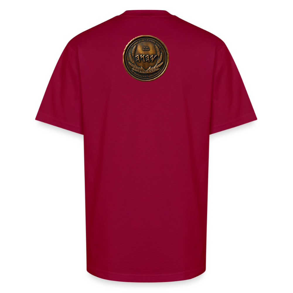 Back view of a burgundy oversized heavyweight t-shirt featuring a large circular antiqued bronze Paleo-Hebrew medallion emblem centered on the upper back.
